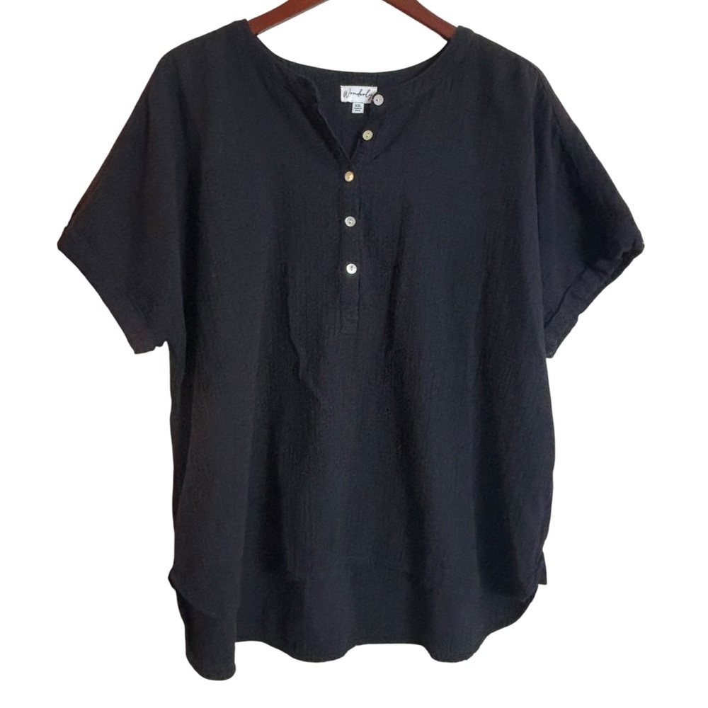 Wonderly Black 100% Cotton Gauzy Short Sleeve Blouse Top Size XXL Button Neck